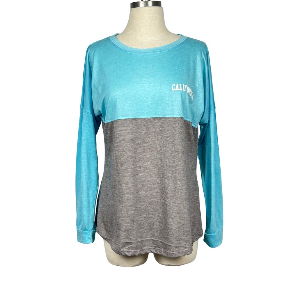 Popular California Colorblock Long Sleeve Jersey Shirt Blue Grey Small